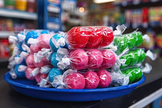 A colorful display of individually wrapped gumballs and assorted candies stacked in a blue container.