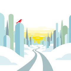 Snowy landscape with winding trail and red bird on peak  