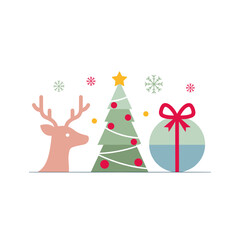 Christmas decorations with reindeer, tree, and gift in flat style  