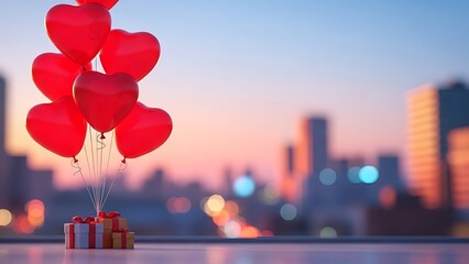 Romantic red heart balloons float above a blurred city skyline at dusk