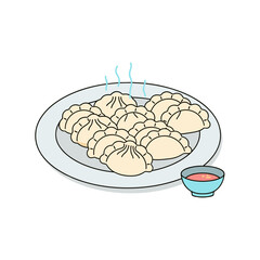 Plate of steaming dumplings with dipping sauce on white background  