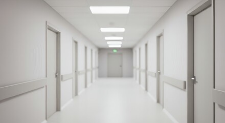 A sterile, modern hospital hallway with doors and handrails, receding into soft focus with ceiling lights.