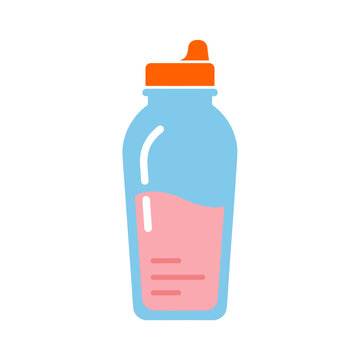 Protein shake in clear bottle with orange lid and pink beverage  