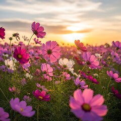 Obraz premium Cosmos Flowers at Sunset - A Vibrant Field of Blooms.