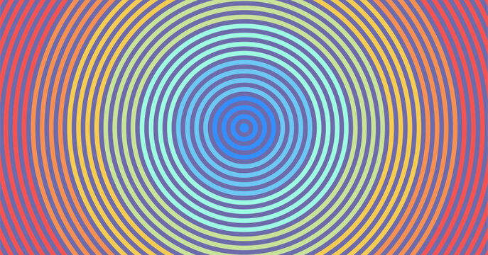 A colorful, rainbow background of many circles with a blue center. Striped pattern. Vector illustration for brochure, flyer, card, banner, diary, notebook or notepad.