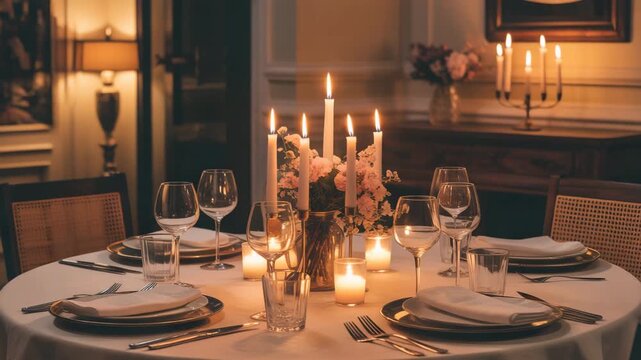 Elegant dinner table setting with candles and flowers in warm lighting
