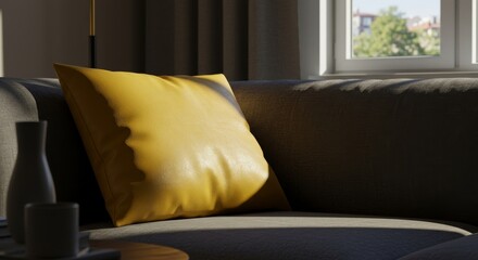 A yellow cushion on a grey sofa with window light and outdoor view