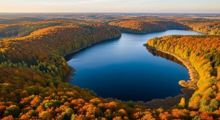 Vibrant autumn forest surrounds a deep blue lake in an aerial view