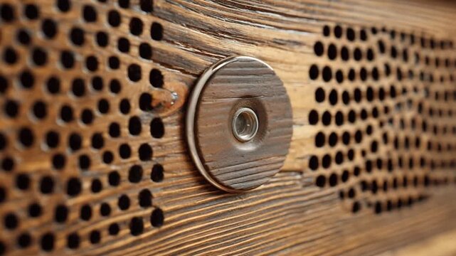 Detailed medium shot of pine wooden speaker grille emphasizing rustic charm and natural knots improving resonance in vintagestyle radio cabinets