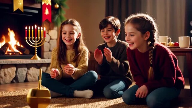 Children sit on rug by fireplace, playing dreidel and laughing. Fireplace is decorated with menorah and festive decorations. Warm, cozy light evokes festive mood and joy for Hanukkah.