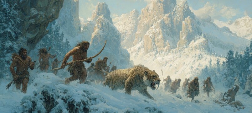 Neanderthal caveman hunting with saber tooth tiger. Prehistoric human survival age. Generative AI technology.	
