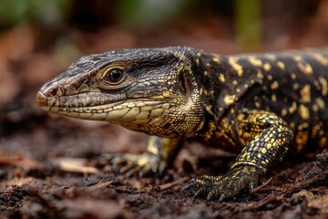 Fototapeta premium Close-Up of a Golden Tegu Reptile Crawling on Brown Forest Floor in a Tropical Park