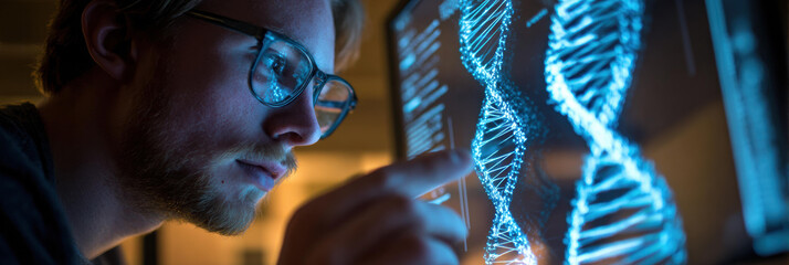 Serious scientist analyzing glowing blue dna helix structure on digital screen in dark laboratory demonstrating intense focus on medical research innovation and genetic biotechnology discovery