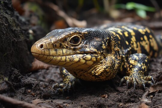 Close-Up of a Golden Tegu Reptile Exploring the Forest Floor in a Tropical Park
