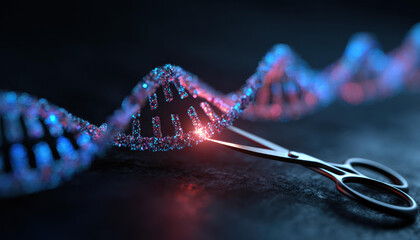 Concept of genetic engineering modification with scissors cutting DNA helix structure glowing blue and pink demonstrating advanced science medical research biotechnology discovery innovation