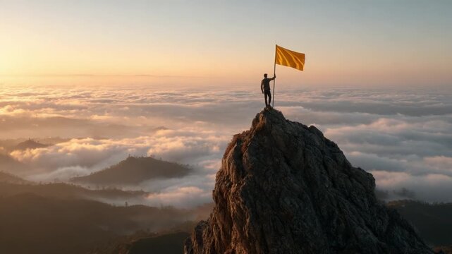A triumphant figure stands atop a majestic mountain peak, proudly holding a yellow flag high above the clouds at sunset, symbolizing achievement and perseverance in nature's embrace.