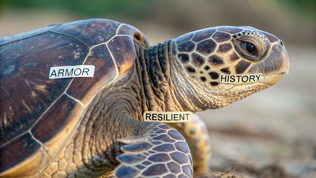 Close up of a sea turtle shell texture with words
