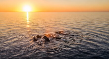 A pod of humpback whales surfaces in the calm ocean waters at sunrise