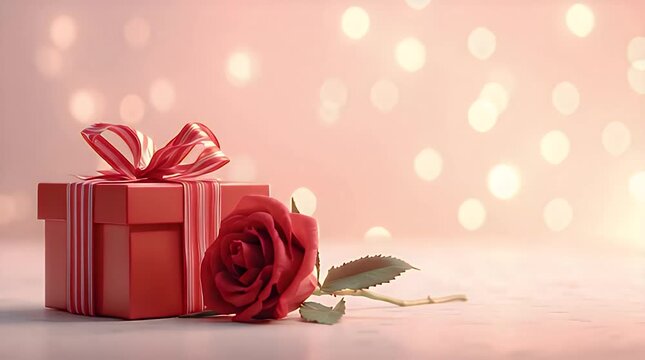 Red Valentine Gift Box Tied with Ribbon and Red Rose