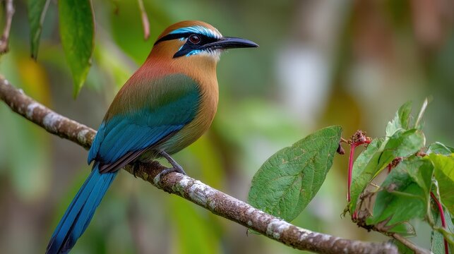 Turquoise-Browed Motmot: The Vibrant Torogoz of Central America, Showcasing a Long Tail and Colorful Plumage Amidst Tropical Foliage