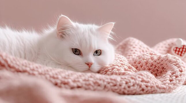 White Cat Lying on Cozy Pastel Pink Blanket in Valentine Theme