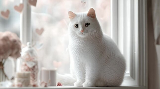 White Cat Sitting Calmly on Window Ledge with Soft Pastel Light