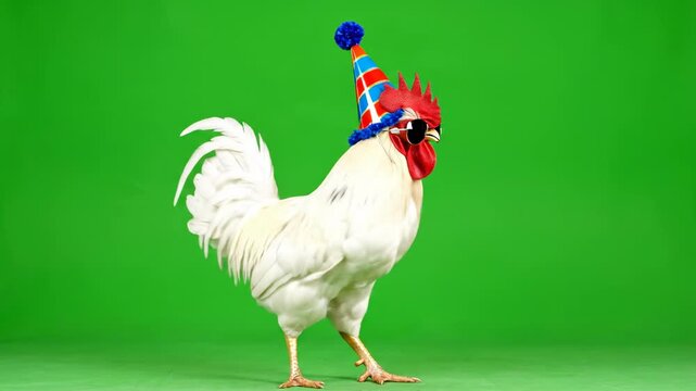 Festive Rooster: A vibrant rooster struts confidently, adorned with a party hat and sunglasses against a lively green backdrop, embodying fun and joy.