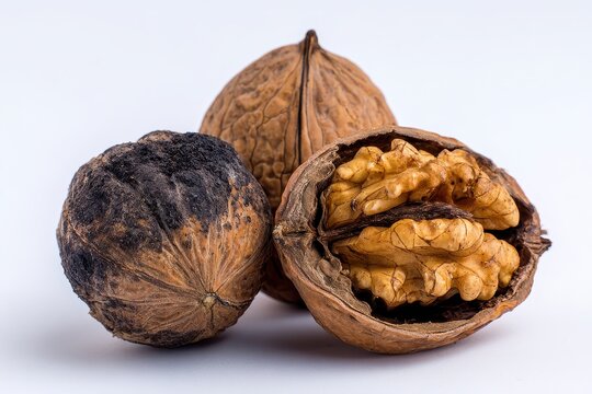 Wild Black Walnuts from Juglans Nigra: Fresh Fruit in Husk and Out, Isolated on White Background