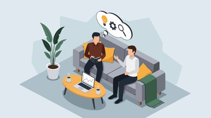 Two businessmen discussing ideas in modern living room with laptop and coffee