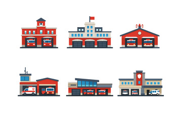 Obraz premium Collection of diverse fire station buildings with emergency vehicles in flat design style