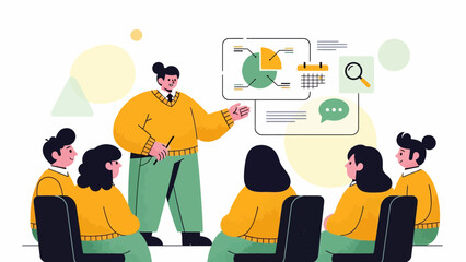 Businesswoman presenting data analysis to team in modern meeting room