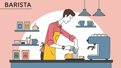 Barista preparing coffee drink at modern cafe counter with equipment