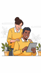 Diverse colleagues collaborating with digital tablet in modern office