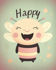 Cute cartoon bumblebee character with big smile and pastel wings in vintage baby illustration style