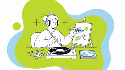Creative person painting on canvas while listening to music on vinyl records
