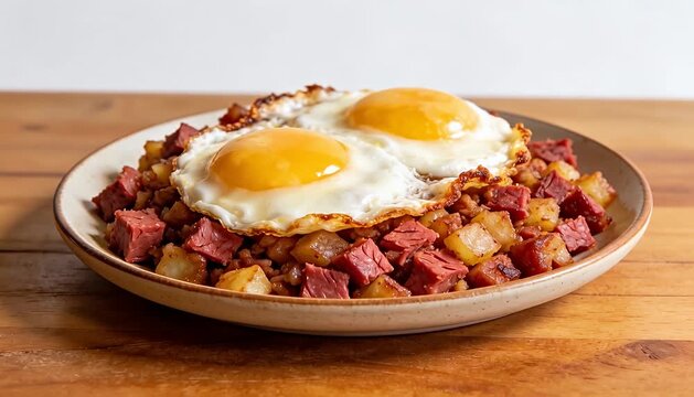Classic corned beef hash with fried eggs, hearty breakfast, quick meal idea, savory food corned beef.