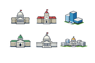 Fototapeta premium Collection of stylized government and modern buildings in a flat design style