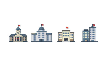 Collection of flat design government and institutional buildings with flags