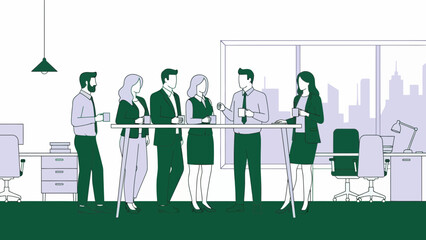 Professionals networking and socializing in modern office space with city view