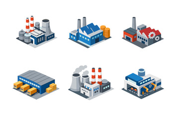 Obraz premium Collection of isometric industrial factory buildings and manufacturing plants