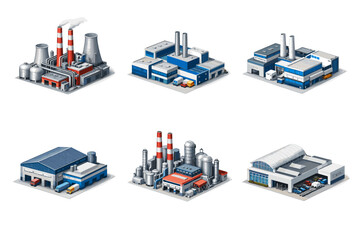 Obraz premium Collection of isometric industrial factory buildings with different designs and functions