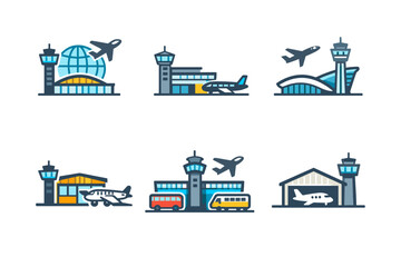 Obraz premium Collection of stylized airport icons featuring airplanes, control towers, and terminals