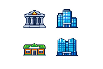 Collection of pixel art buildings including a courthouse, modern offices, and a small shop