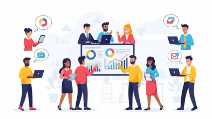 Diverse team collaborating on business project with laptops and data analysis