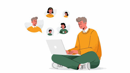 Young man using laptop with speech bubbles of people around him