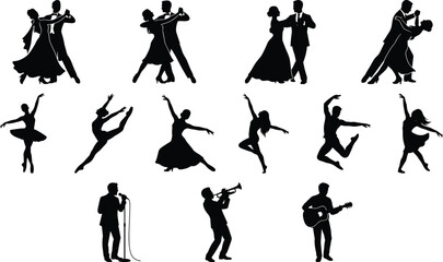 Dance and music silhouettes collection featuring ballroom couples, ballet dancers, and musicians, elegant artistic performance figures isolated on white backgroundWeb © Mst