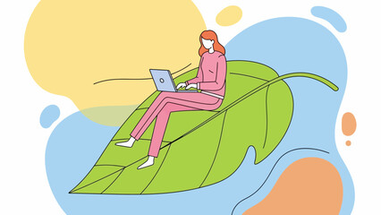 Woman working remotely on laptop while sitting on large green leaf surrounded by colorful abstract shapes