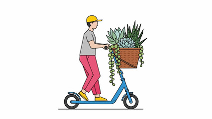 Young man riding blue scooter with potted plants on basket