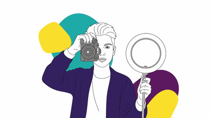 Young photographer capturing moments with camera and softbox lighting