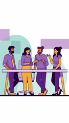 Diverse group of coworkers collaborating and smiling in modern office setting